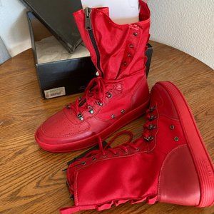 Replay men's size 44 EU extra high top leather, canvas red rubber bottom sneaker